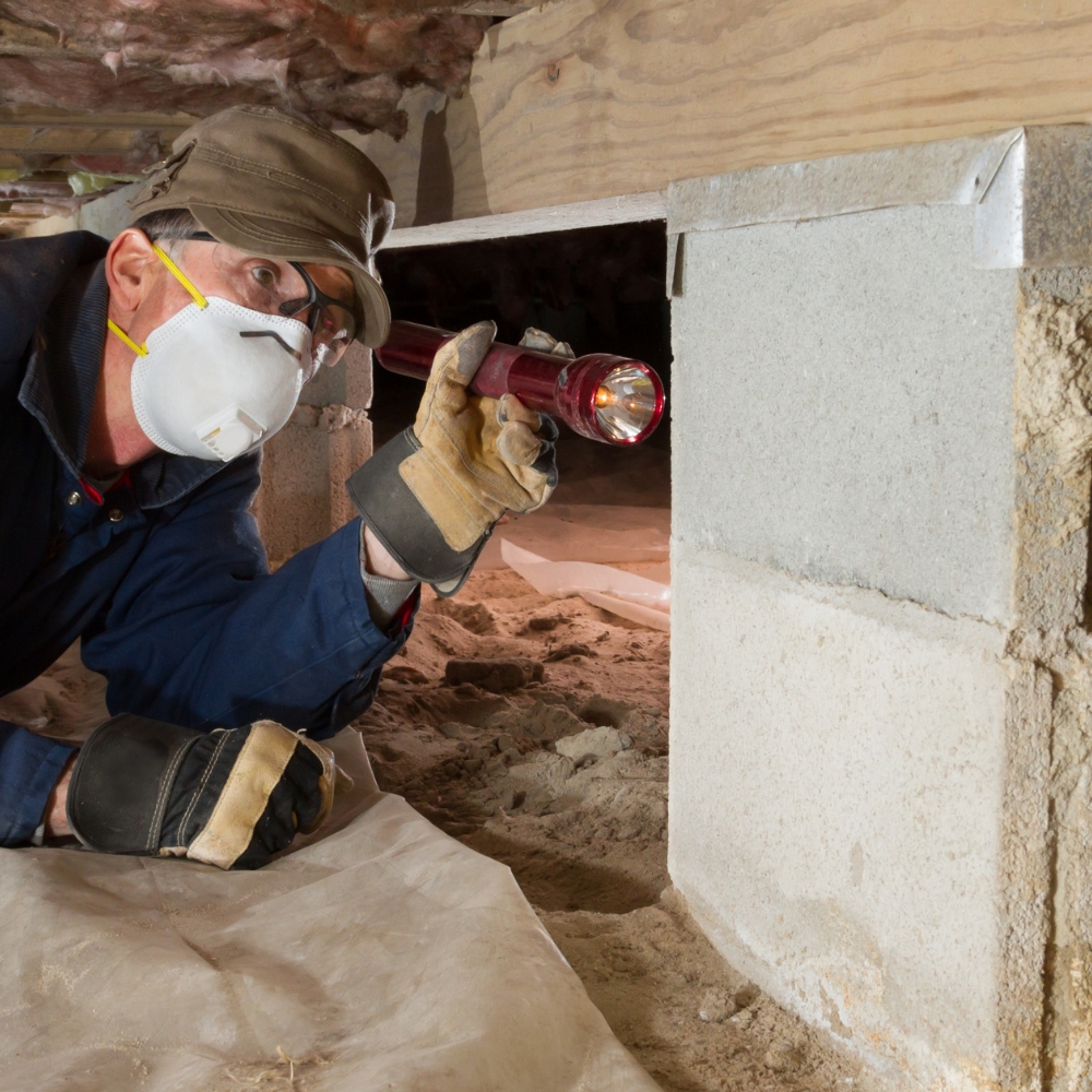 Home inspector looks for termites in residential home's crawl space
